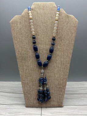 Chicos Shades of Blue Beaded Statement Necklace Tassel Accents Statement Coastal